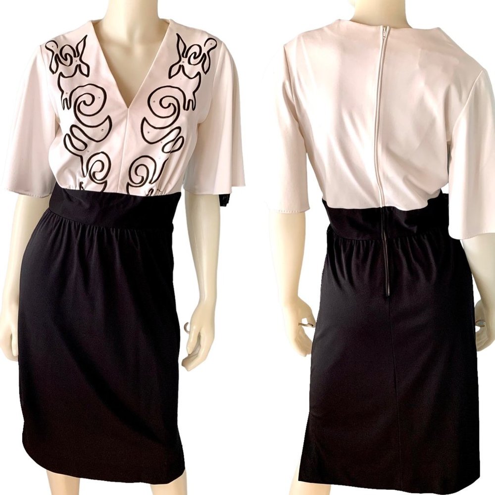 Vintage Shaheen Black and White Print Midi Dress Size 8 Faux Soutache Swirl Bead